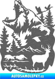 Samolepka Krajina hory 039 levá medvěd a lesní zvěř škrábaný titan