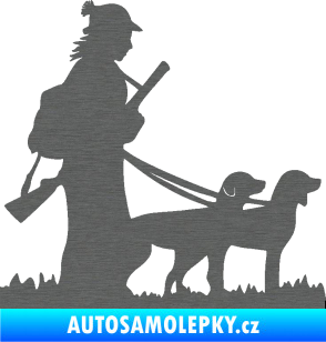 Samolepka Lov 001 pravá žena a dva psi  škrábaný titan