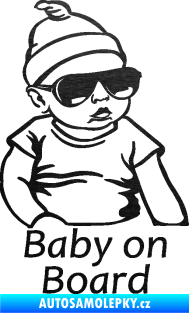 Samolepka Baby on board 003 pravá s textem miminko s brýlemi škrábaný kov černý