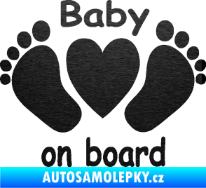 Samolepka Baby on board 004 s textem nožičky se srdíčkem škrábaný kov černý