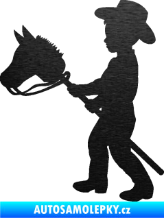 Samolepka Děti silueta 012 levá kluk s dřevěným koníkem škrábaný kov černý