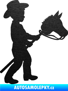 Samolepka Děti silueta 012 pravá kluk s dřevěným koníkem škrábaný kov černý
