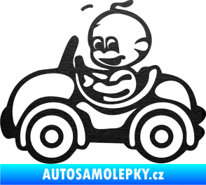Samolepka Dítě v autě 041 levá chlapeček v autíčku škrábaný kov černý