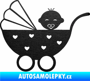 Samolepka Dítě v autě 070 levá kočárek s miminkem škrábaný kov černý