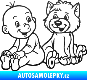 Samolepka Dítě v autě 087 levá chlapeček s pejskem škrábaný kov černý
