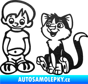 Samolepka Dítě v autě 097 levá kluk a kočka škrábaný kov černý