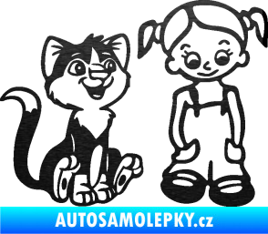 Samolepka Dítě v autě 098 pravá holčička a kočka škrábaný kov černý