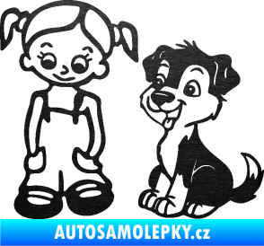 Samolepka Dítě v autě 099 levá holčička a pes škrábaný kov černý