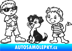 Samolepka Dítě v autě 104 levá dva kluci a pes škrábaný kov černý