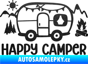 Samolepka Happy camper 002 pravá kempování s karavanem škrábaný kov černý