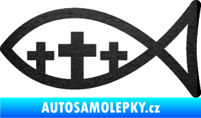 Samolepka Jesus rybička 005 tři kříže křesťanský symbol škrábaný kov černý