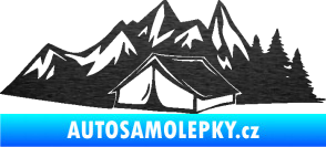 Samolepka Kempování 002 levá stan a hory škrábaný kov černý