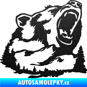 Samolepka Krajina hory 032 pravá les s medvědem škrábaný kov černý