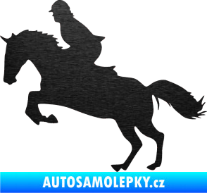 Samolepka Kůň 014 levá skok s jezdcem škrábaný kov černý
