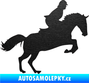 Samolepka Kůň 014 pravá skok s jezdcem škrábaný kov černý