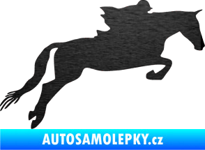 Samolepka Kůň 015 pravá skok s jezdcem škrábaný kov černý