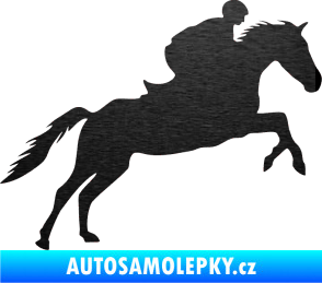 Samolepka Kůň 019 pravá jezdec v sedle škrábaný kov černý