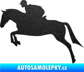 Samolepka Kůň 020 levá skok s jezdcem škrábaný kov černý