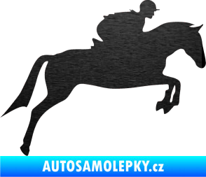 Samolepka Kůň 020 pravá skok s jezdcem škrábaný kov černý