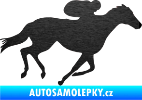 Samolepka Kůň 027 pravá závodí s jezdcem škrábaný kov černý