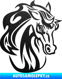 Samolepka Kůň 069 pravá hlava s hřívou škrábaný kov černý