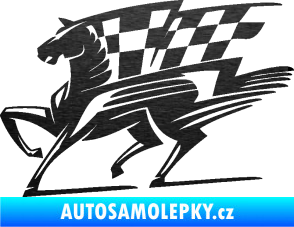 Samolepka Kůň racing 001 levá se šachovnicí škrábaný kov černý