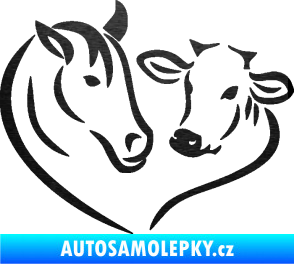 Samolepka Kůň s kravičkou v srdíčku levá láska ke zvířatům škrábaný kov černý