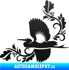 Samolepka Květina dekor 004 levá s ptáčkem škrábaný kov černý
