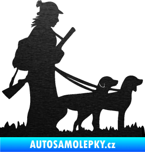 Samolepka Lov 001 pravá žena a dva psi  škrábaný kov černý