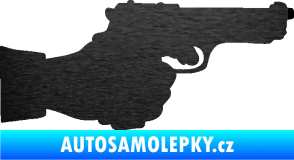Samolepka Ruka s pistolí 001 pravá ruce vzhůru škrábaný kov černý