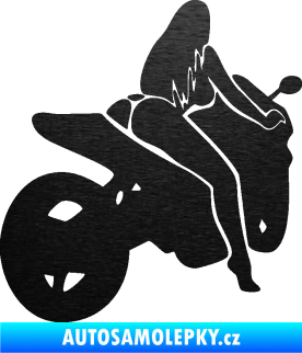 Samolepka Sexy žena na motorce pravá škrábaný kov černý