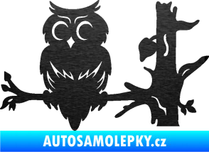 Samolepka Sova 005 levá na větvi škrábaný kov černý
