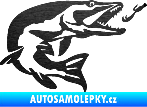 Samolepka Štika 005 pravá s návnadou škrábaný kov černý