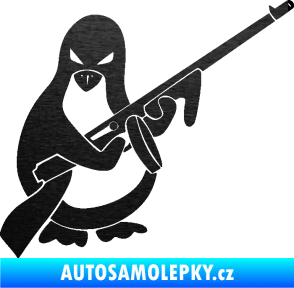 Samolepka Tučňák se samopalem pravá škrábaný kov černý