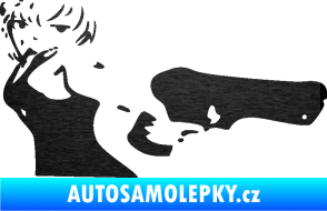 Samolepka Žena s pistolí pravá škrábaný kov černý
