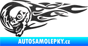 Samolepka Zubatka levá lebka v plamenech škrábaný kov černý