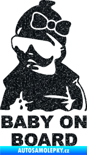 Samolepka Baby on board 001 levá s textem miminko s brýlemi a s mašlí Ultra Metalic černá