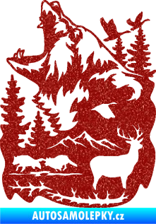Samolepka Krajina hory 039 levá medvěd a lesní zvěř Ultra Metalic červená