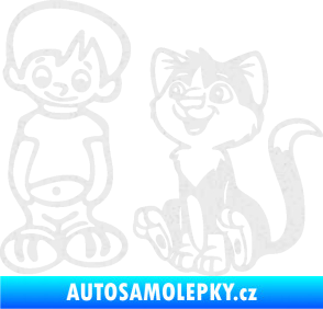 Samolepka Dítě v autě 097 levá kluk a kočka Ultra Metalic bílá