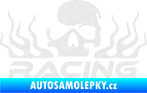 Samolepka Racing nápis s lebkou levá Ultra Metalic bílá