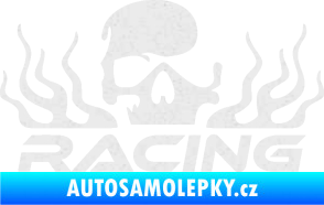 Samolepka Racing nápis s lebkou pravá Ultra Metalic bílá