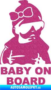Samolepka Baby on board 001 pravá s textem miminko s brýlemi a s mašlí Ultra Metalic růžová