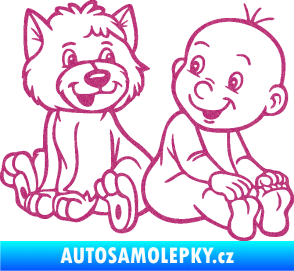 Samolepka Dítě v autě 087 pravá chlapeček s pejskem Ultra Metalic růžová