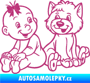 Samolepka Dítě v autě 095 levá holčička s pejskem Ultra Metalic růžová