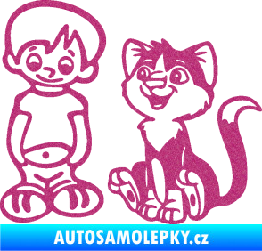 Samolepka Dítě v autě 097 levá kluk a kočka Ultra Metalic růžová