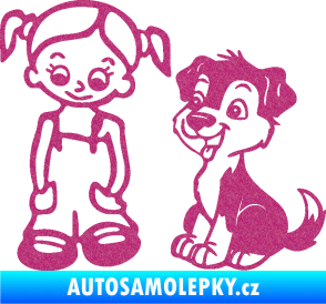 Samolepka Dítě v autě 099 levá holčička a pes Ultra Metalic růžová