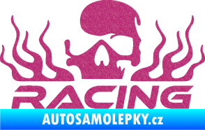 Samolepka Racing nápis s lebkou levá Ultra Metalic růžová