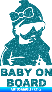 Samolepka Baby on board 001 pravá s textem miminko s brýlemi a s mašlí Ultra Metalic tyrkysová