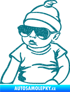 Samolepka Baby on board 003 levá miminko s brýlemi Ultra Metalic tyrkysová