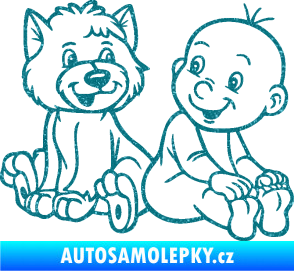 Samolepka Dítě v autě 087 pravá chlapeček s pejskem Ultra Metalic tyrkysová
